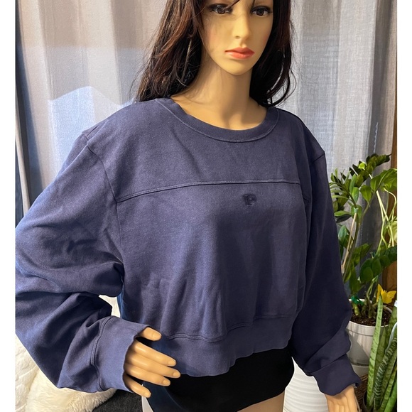 PINK Victoria Secret Cropped Ivy Fleece Yoke Seam Sweatshirt In Blue XL - Picture 4 of 8